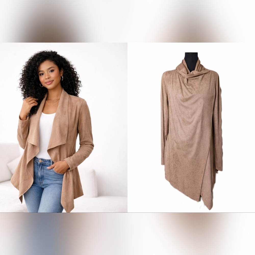 Lumiere Faux Suede Waterfall Jacket Tan Beige Draped Cardigan Size Small